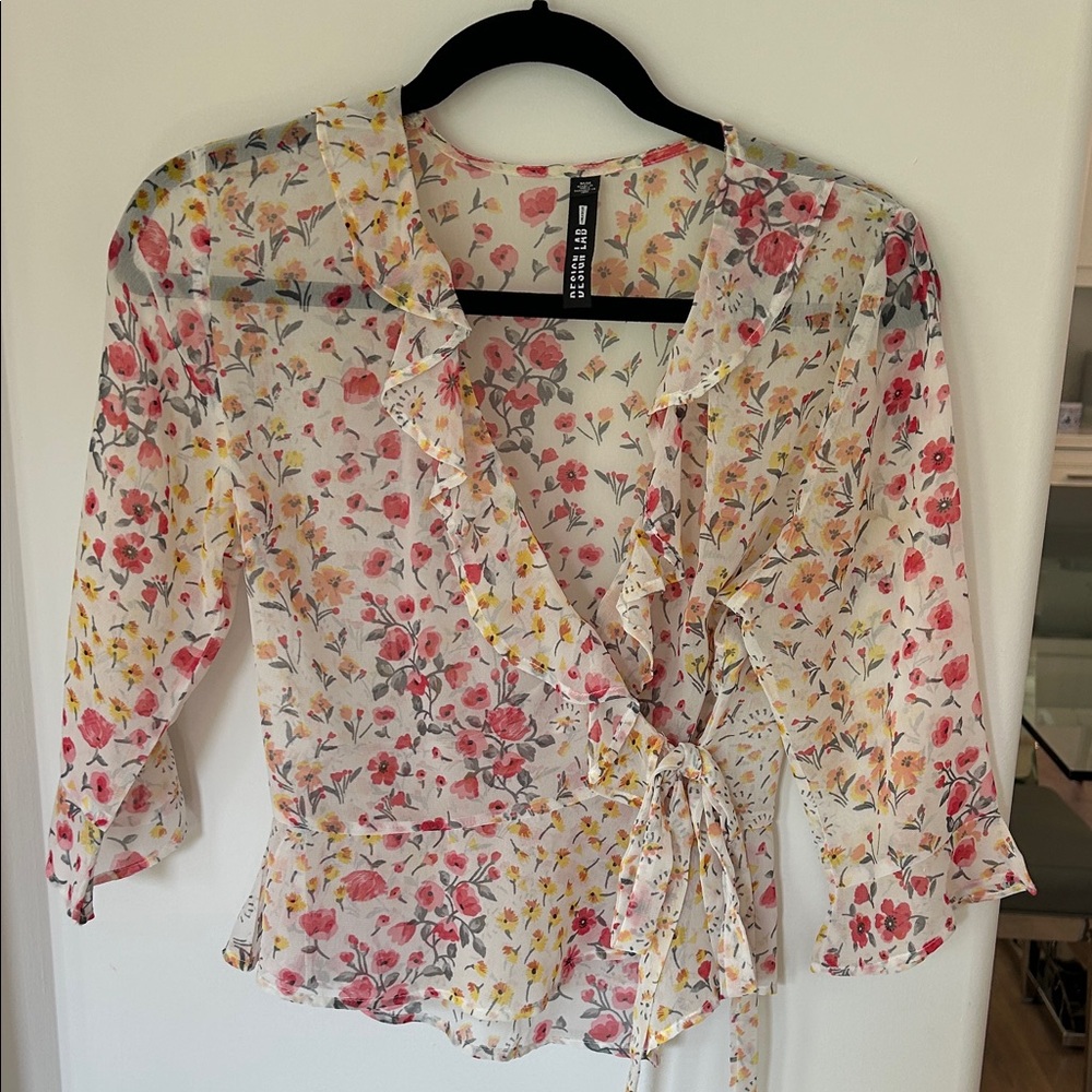 Design Lab Lord & Taylor Floral Wrap Blouse - Pink and Yellow